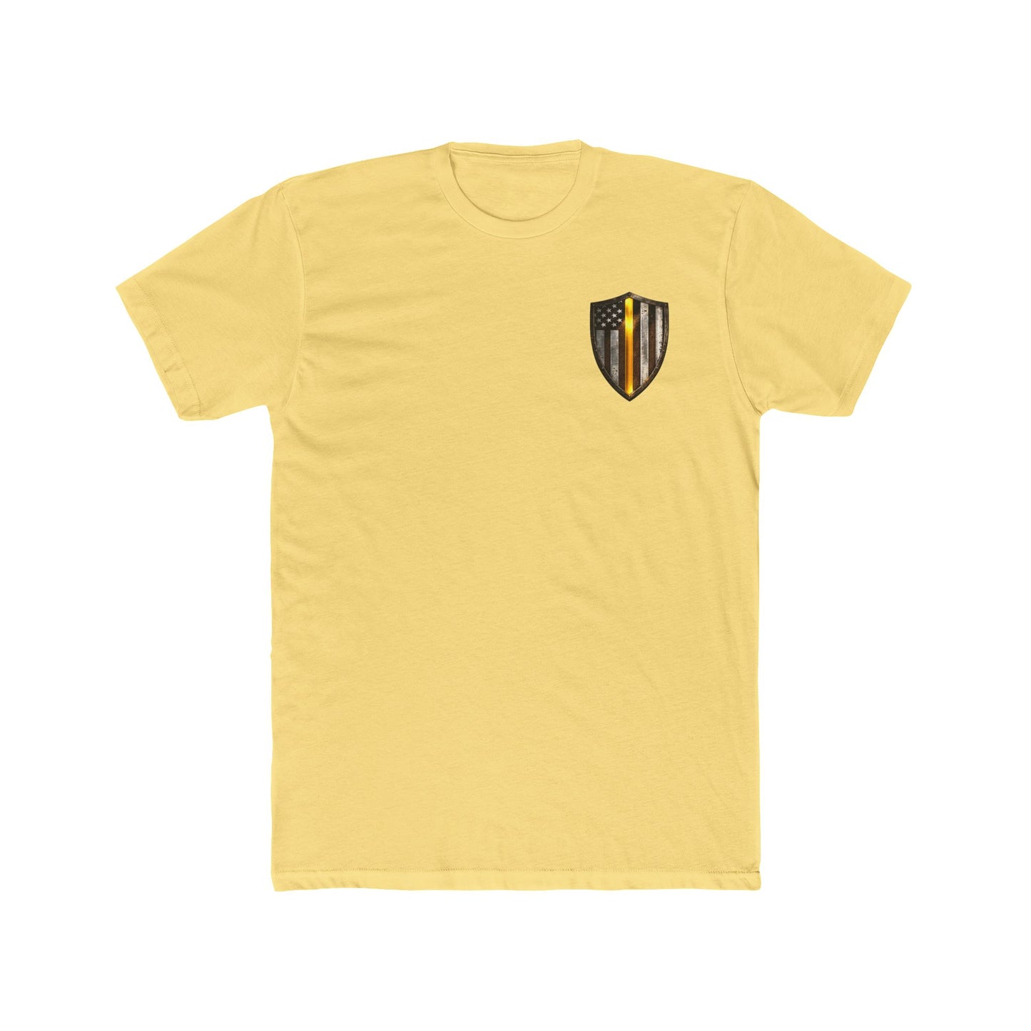 Thin Yellow Line Skull Tee — American Flag Shield & Back Skull Graphic