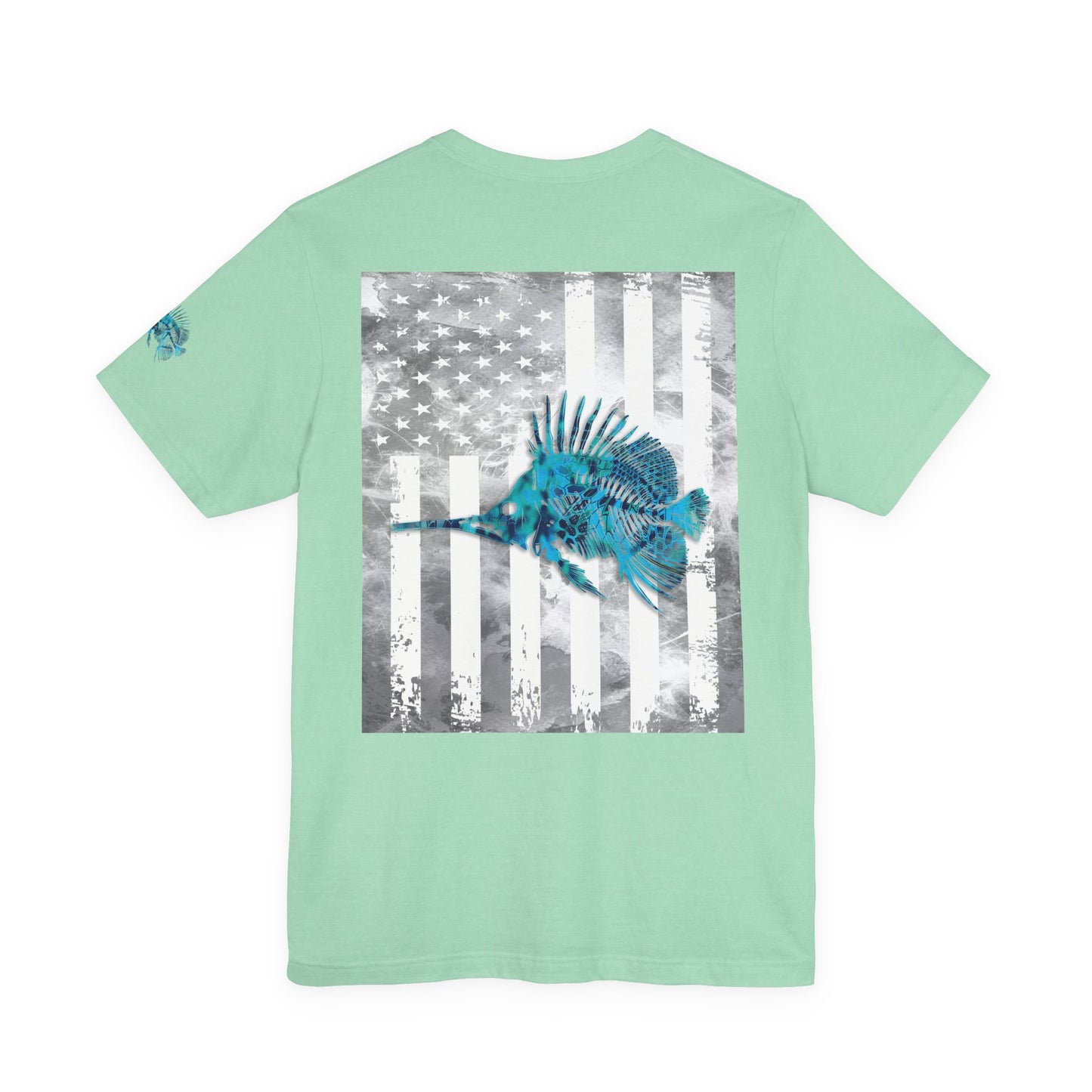 Fish Skeleton Grunge American Flag Tee, Patriotic Fishing Shirt, Vintage USA Bones, Fourth of July Apparel,