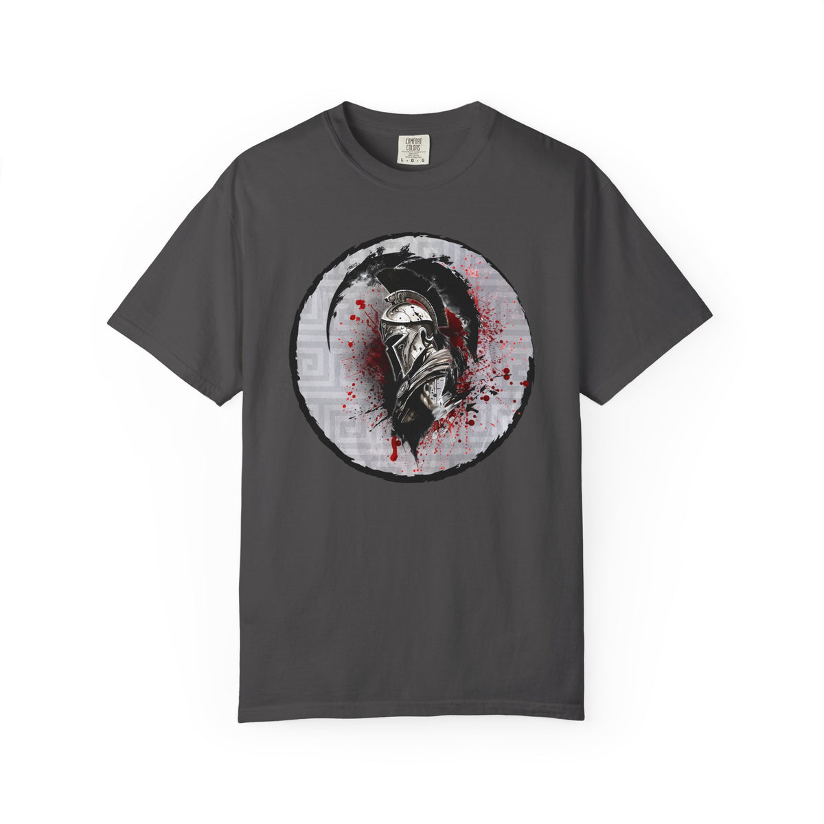 Spartan Warrior T-Shirt – Greek Helmet Circle Design Front & Spear Back | Warrior Graphic Tee