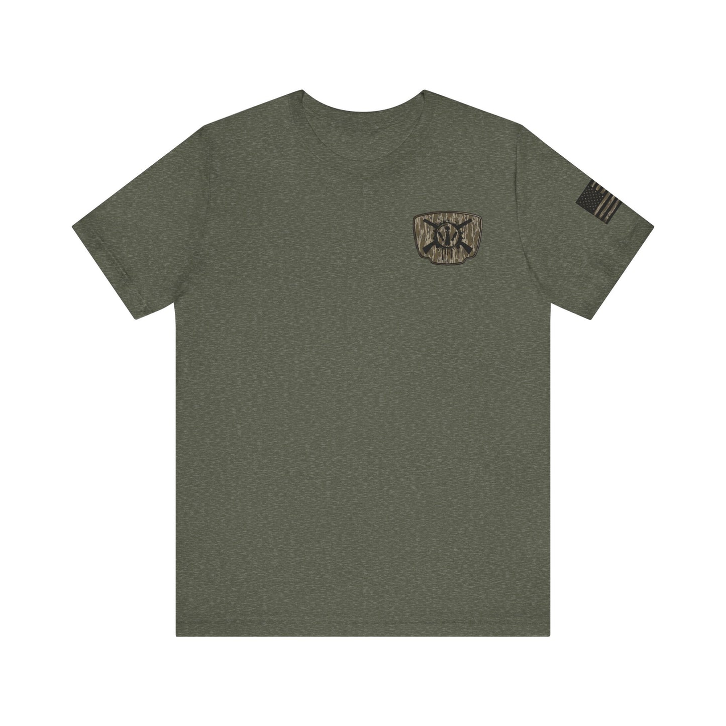 Duck Hunting Badge T-Shirt – Mossy Camo Print, Crossed Guns & Duck Skull Graphic