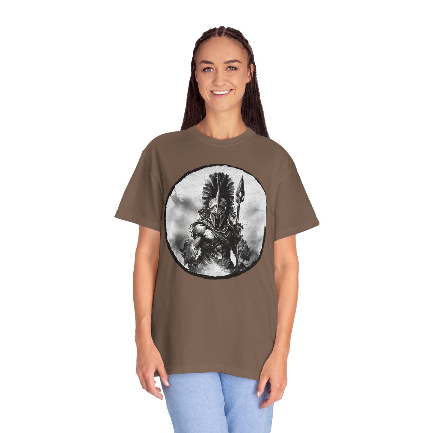 Spartan Warrior T-Shirt – Greek Helmet Circle Design Front & Spear Back | Warrior Graphic Tee
