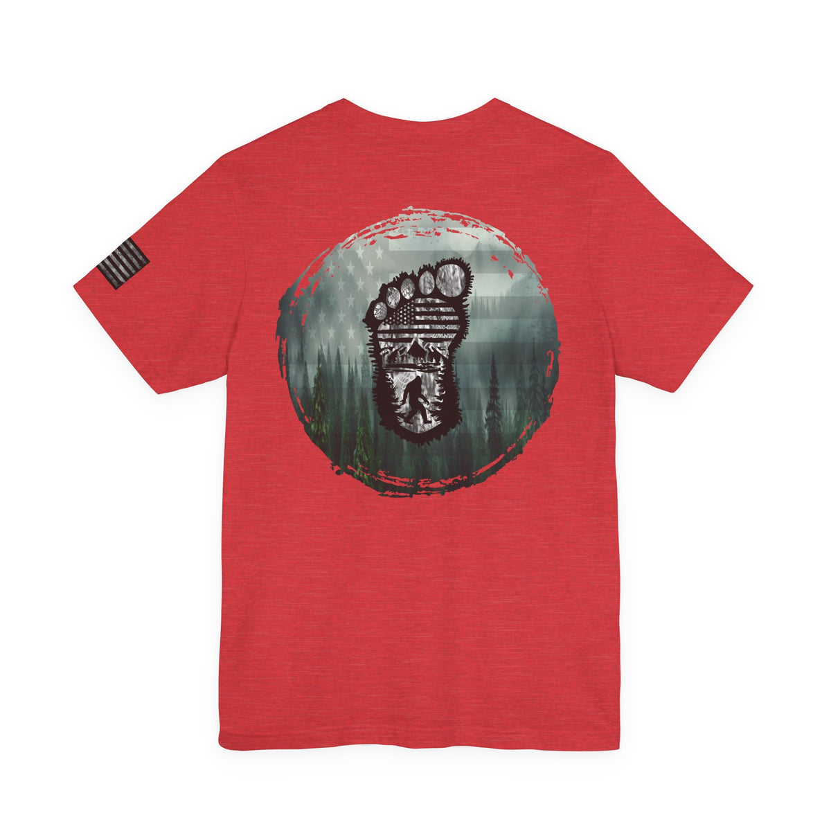 Bigfoot American Flag Camo Tee, Sasquatch Patriotic Shirt, Unisex Graphic Tee, Outdoor Adventure Top, Men's Women's Tee