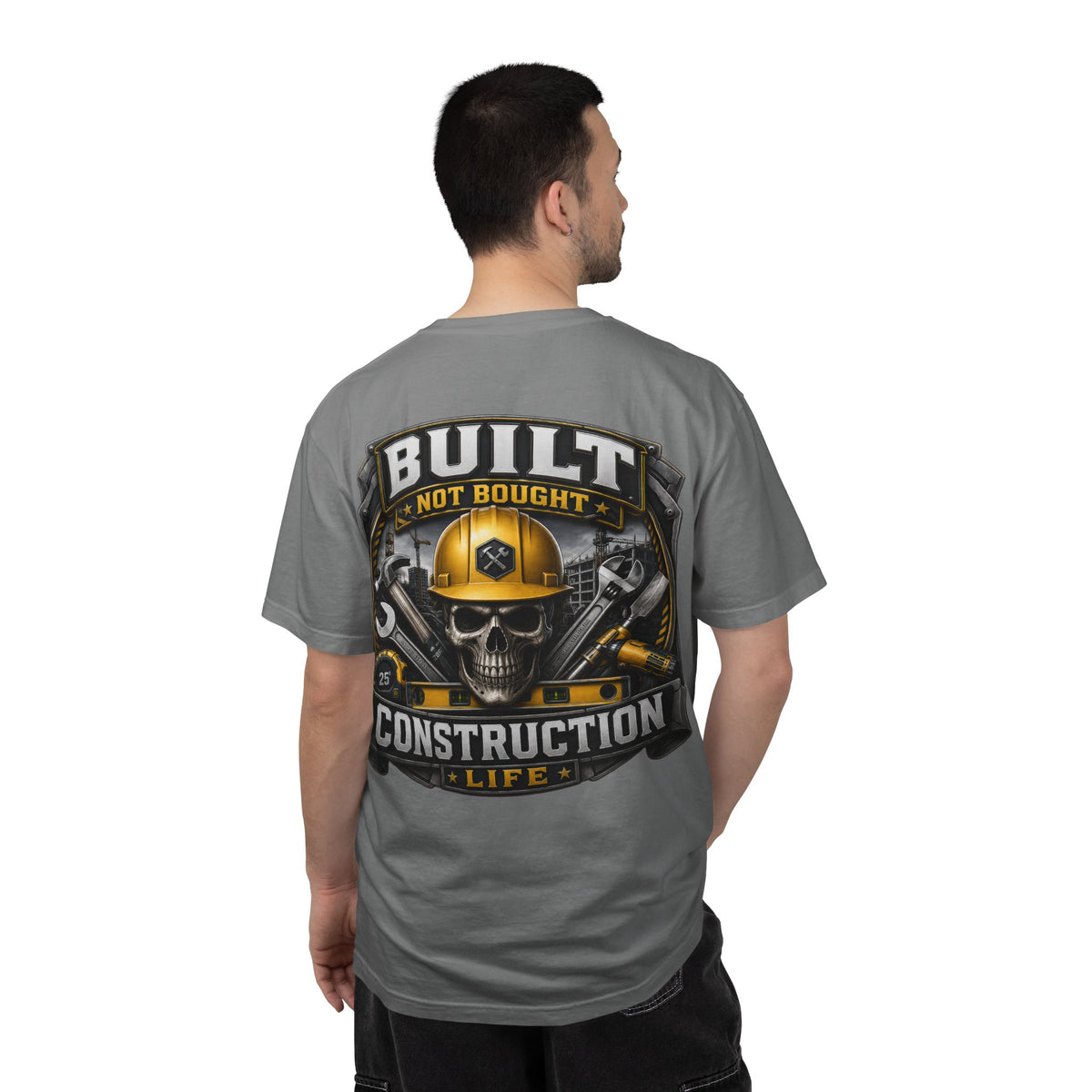 Construction Life T-Shirt — "Built Not Bought" Skull & Hard Hat Crew Tee