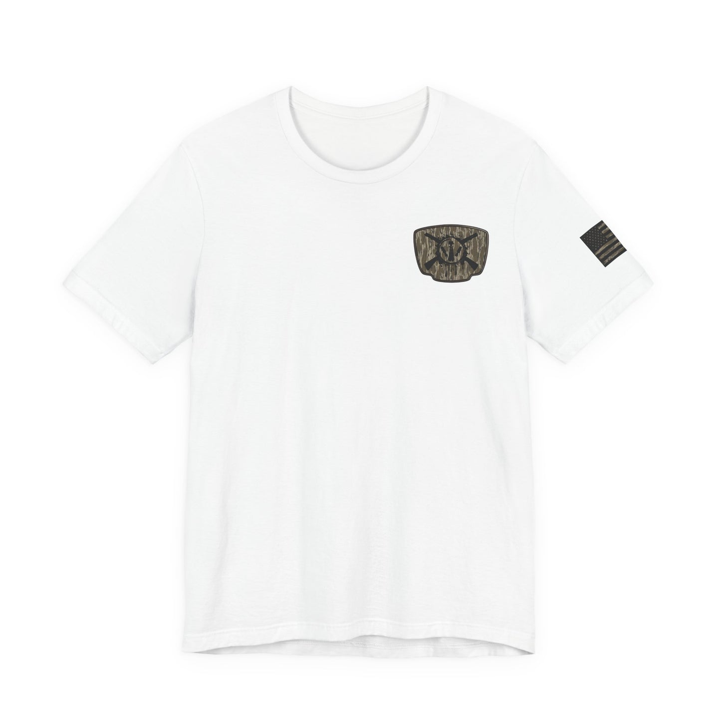 Duck Hunting Badge T-Shirt – Mossy Camo Print, Crossed Guns & Duck Skull Graphic
