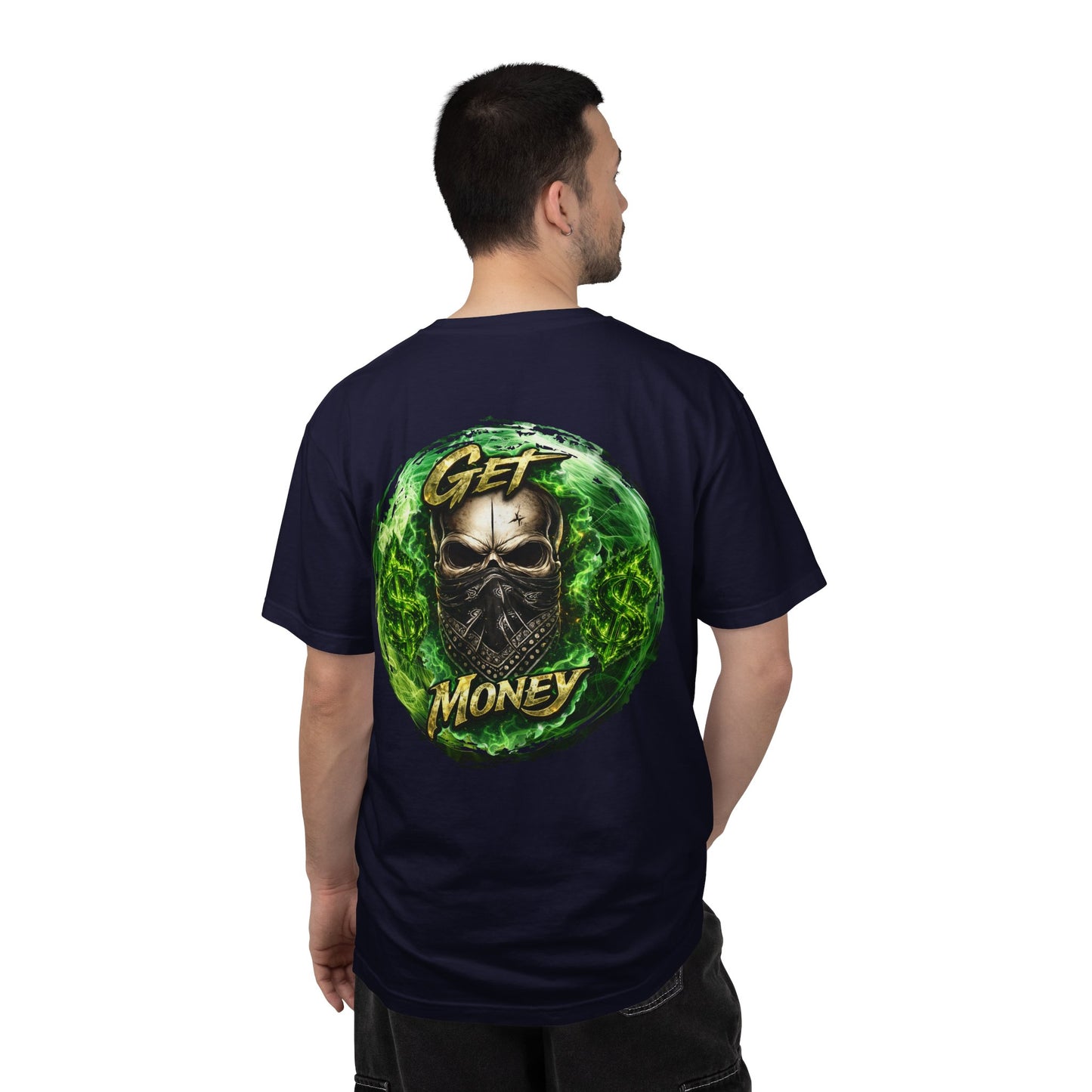 Get Money Skull Graphic Tee – Green Flame Dollar Sign Hustle Streetwear Shirt