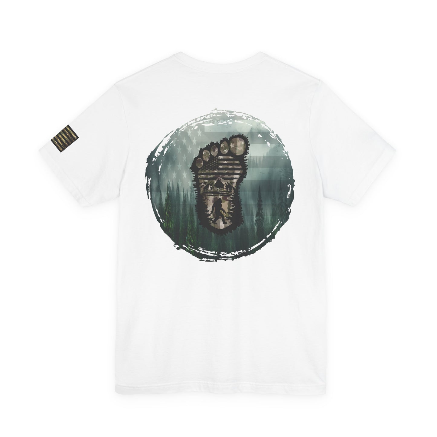 Bigfoot American Flag Camo Tee, Patriotic Sasquatch Shirt, USA Yetti Top, Men's Women's Unisex T-shirt, Cryptid Camouflage