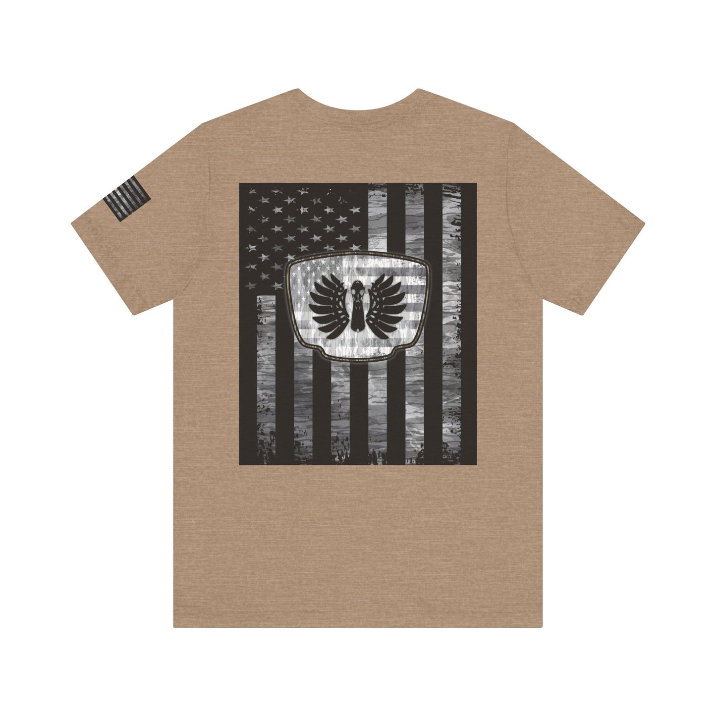 Duck Hunting American Flag Badge T-Shirt – Mossy Camo Print, Crossed Guns & Duck Skull Graphic