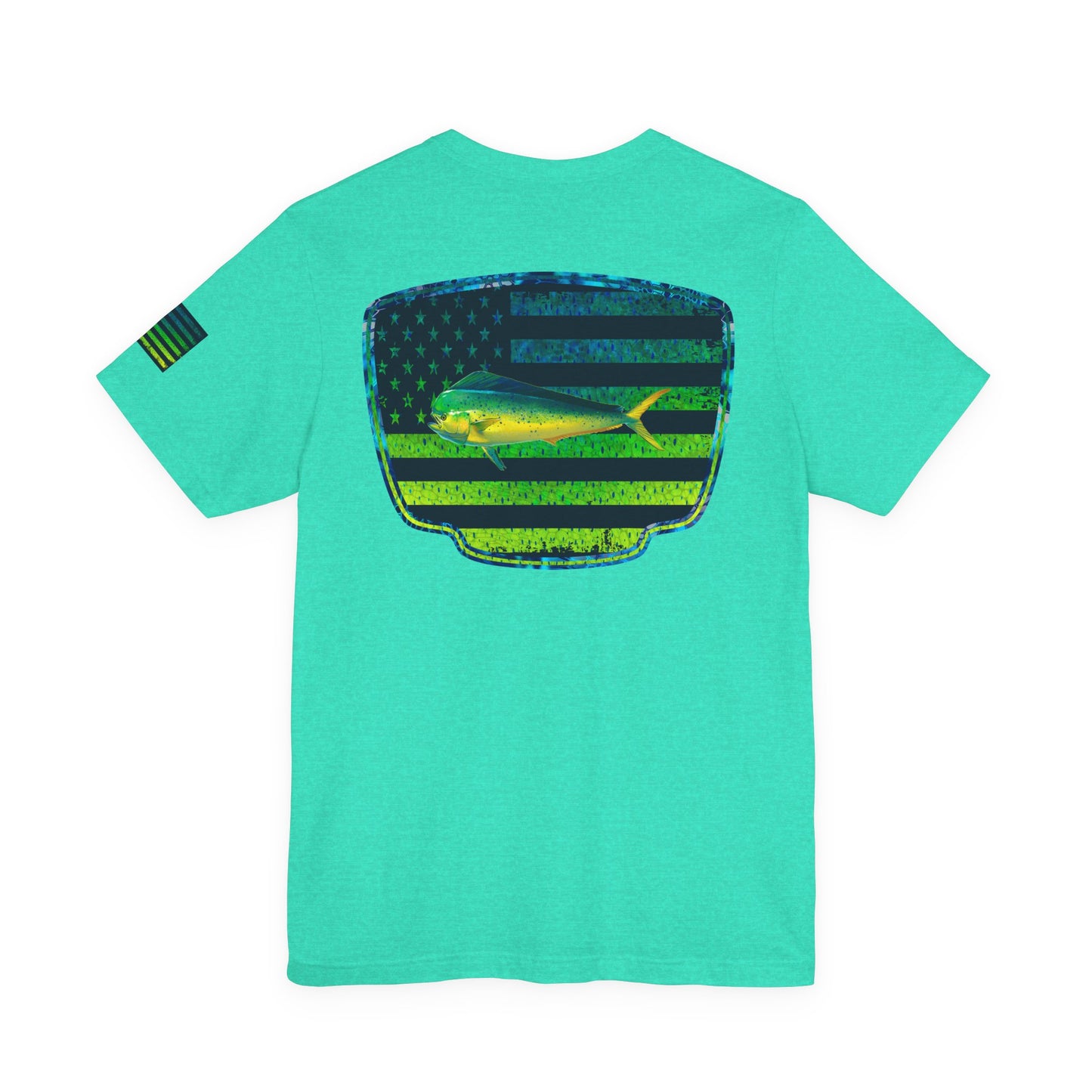 Patriotic Mahi Mahi Flag Tee – Grunge Fishing Badge Shirt for Outdoor Lovers