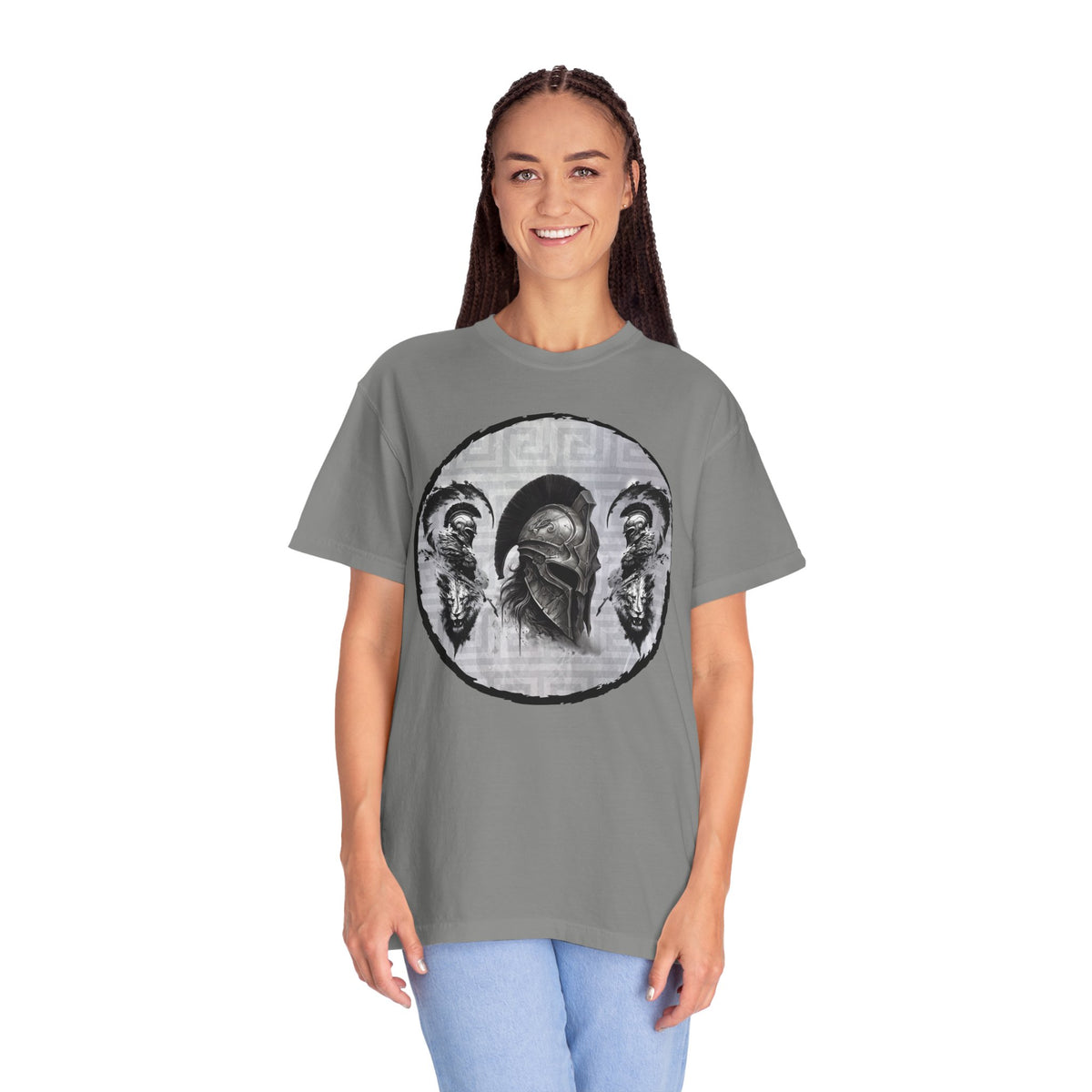 Spartan Warrior T-Shirt – Greek Helmet Circle Design Front & Spear Back | Warrior Graphic Tee