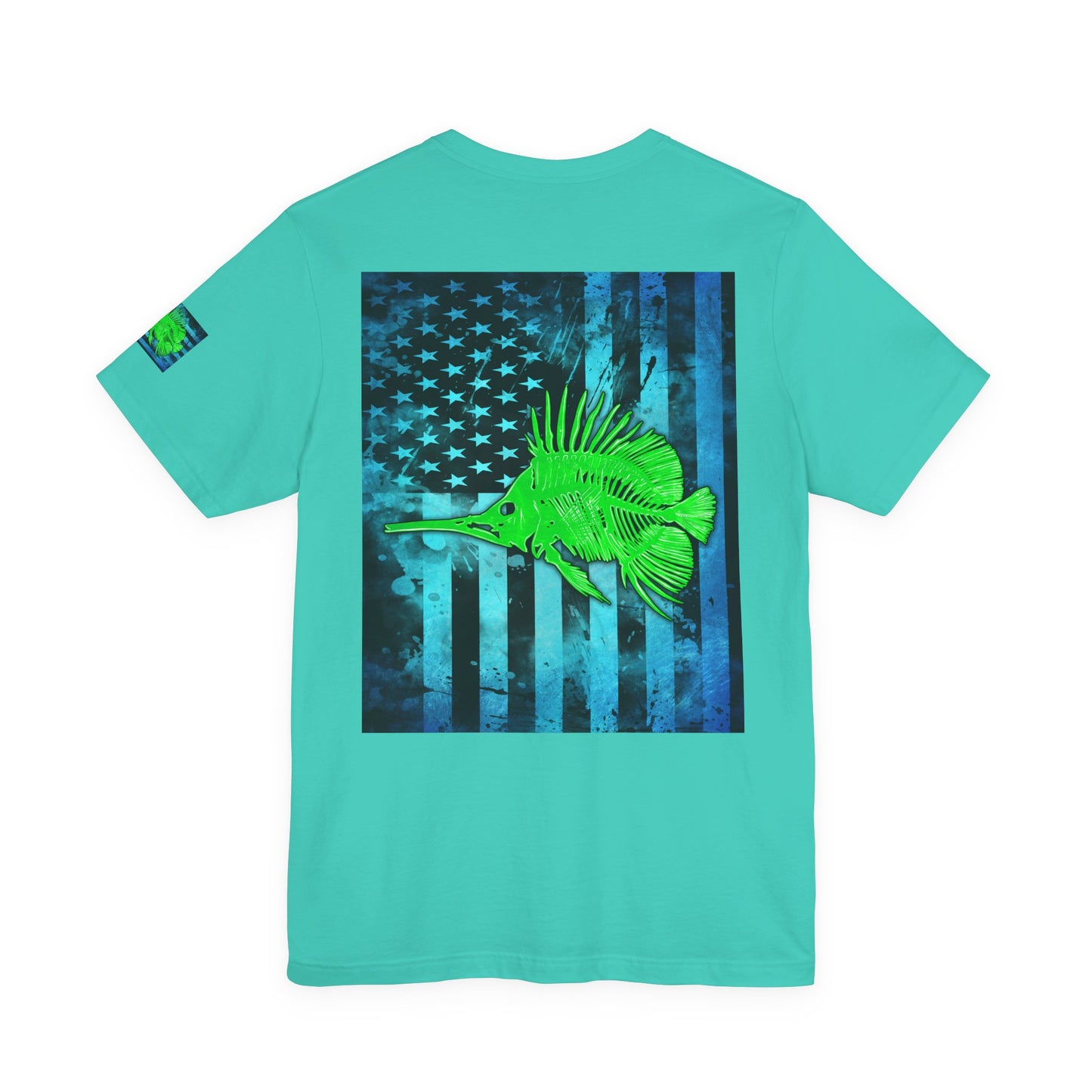 Green Fish Grunge American Flag Tee, Patriotic USA Shirt, Vintage American Flag