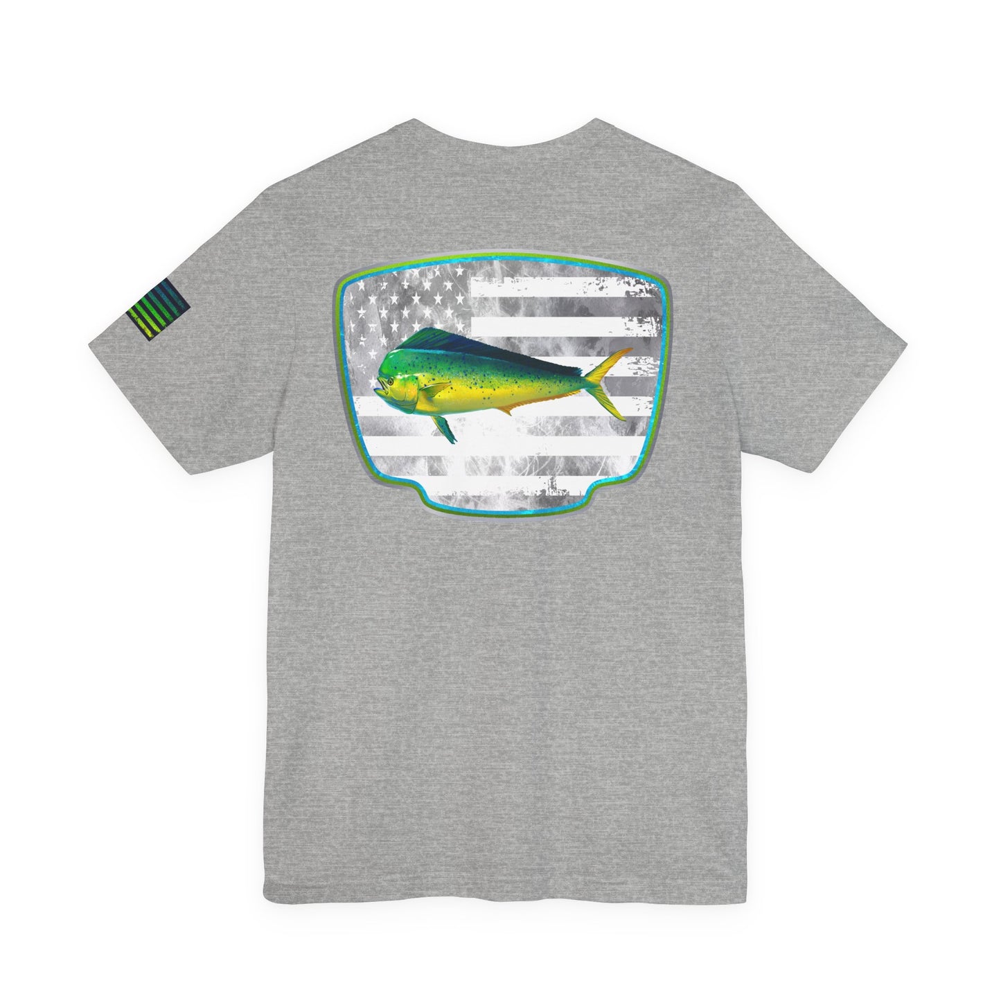 Mahi Mahi Sunglass Badge Tee – White Distressed Flag Fishing Shirt