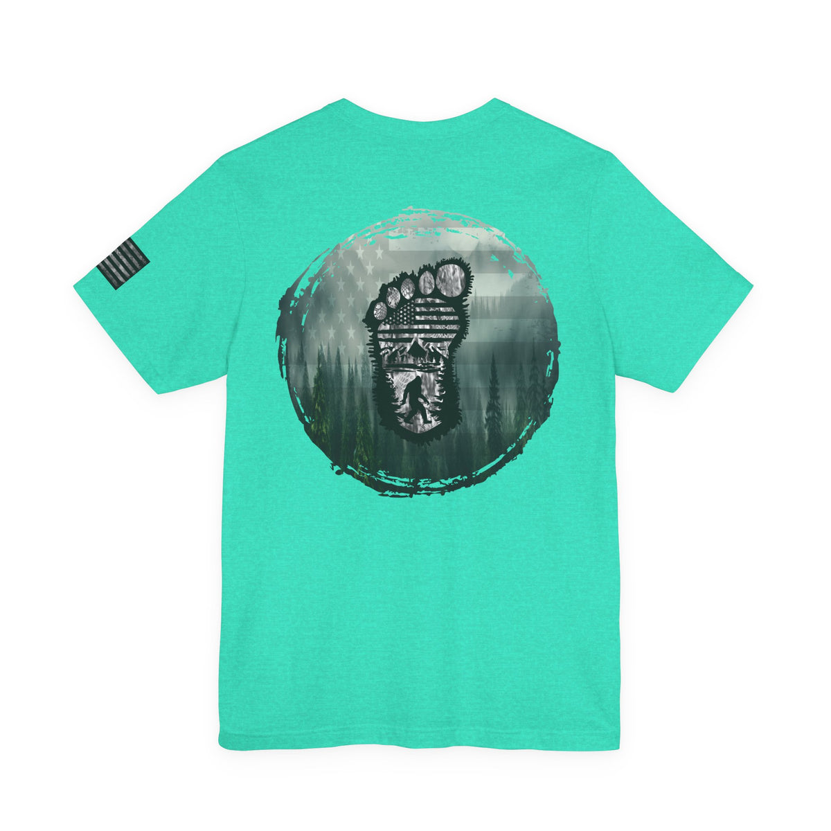 Bigfoot American Flag Camo Tee, Sasquatch Patriotic Shirt, Unisex Graphic Tee, Outdoor Adventure Top, Men's Women's Tee