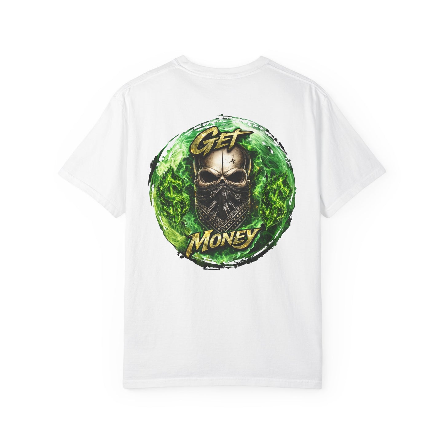 Get Money Skull Graphic Tee – Green Flame Dollar Sign Hustle Streetwear Shirt