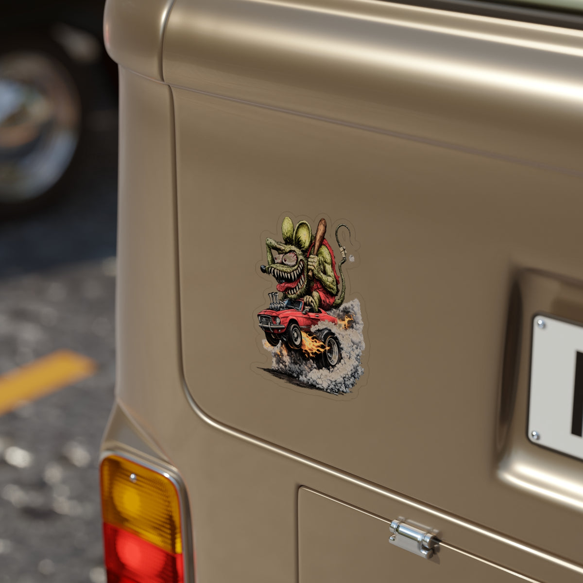 Rat Fink Sticker — Hot Rod Driving Mouse on Red Muscle Car (Outdoor Transparent)
