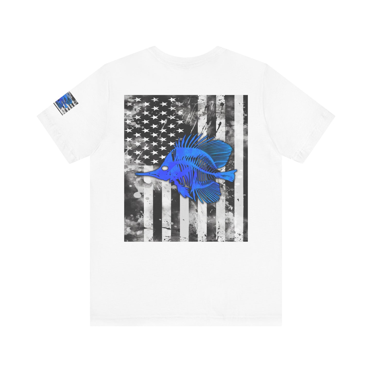 Blue Fish Skeleton Grunge American Flag Tee, Patriotic USA Shirt, Vintage American Flag