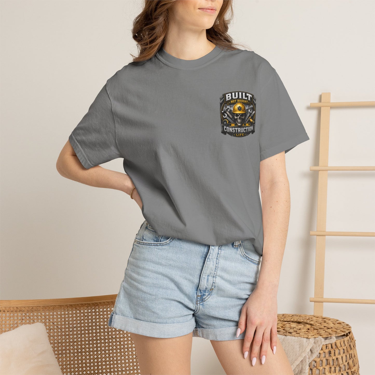 Construction Life T-Shirt — "Built Not Bought" Skull & Hard Hat Crew Tee