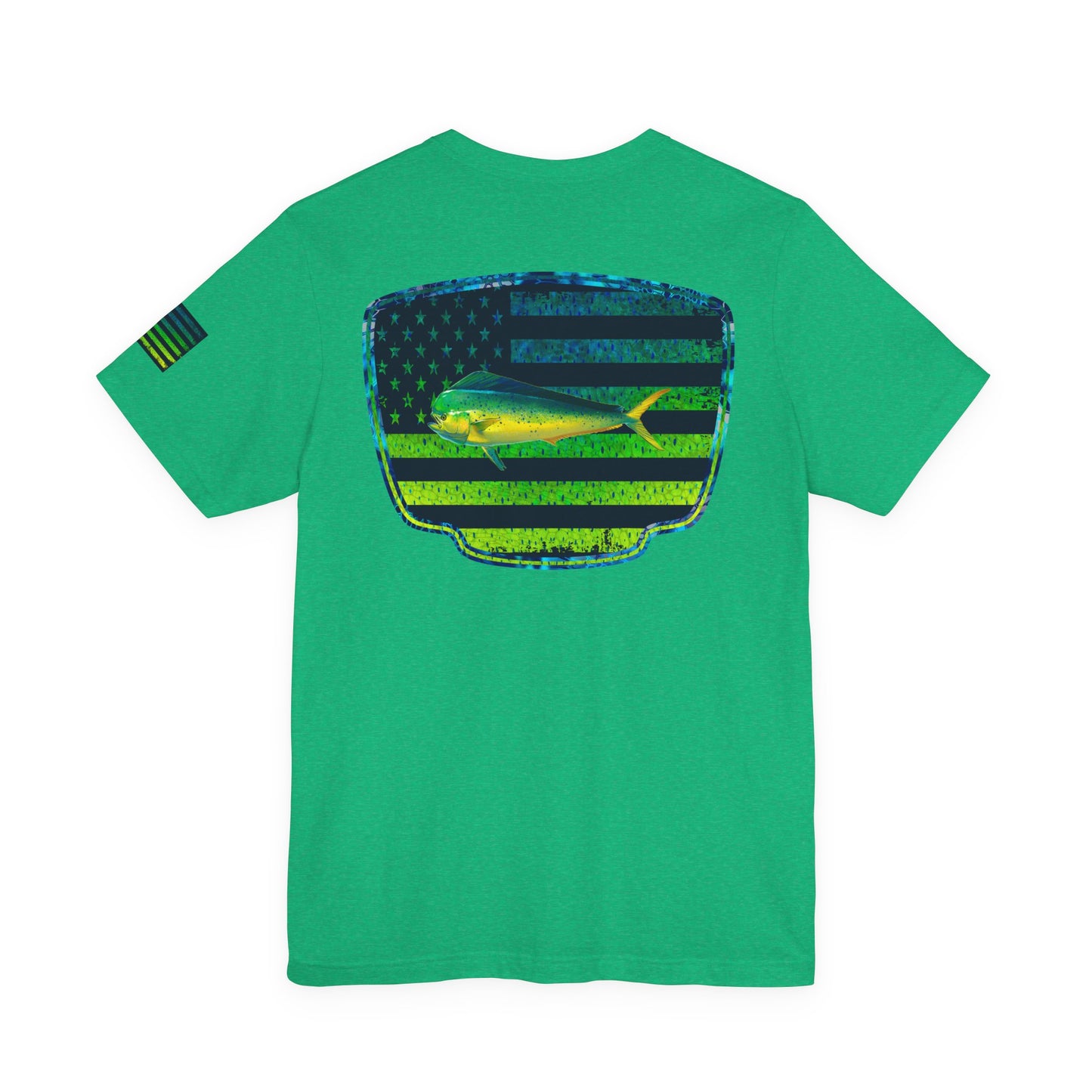Patriotic Mahi Mahi Flag Tee – Grunge Fishing Badge Shirt for Outdoor Lovers