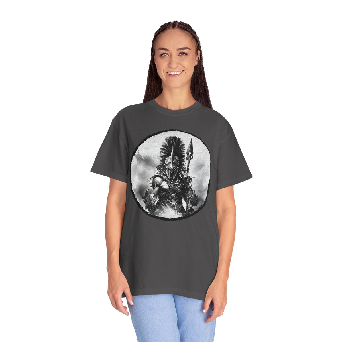 Spartan Warrior T-Shirt – Greek Helmet Circle Design Front & Spear Back | Warrior Graphic Tee