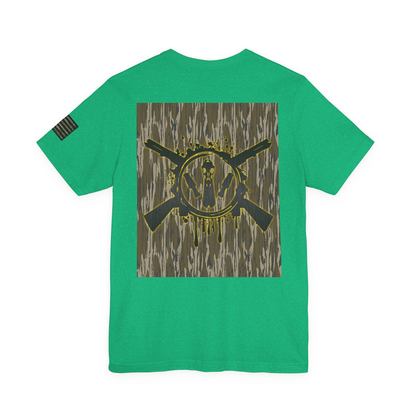 Duck Hunting Badge T-Shirt – Mossy Camo Print, Crossed Guns & Duck Skull Graphic