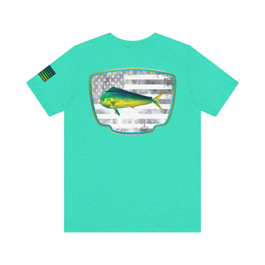 Mahi Mahi Sunglass Badge Tee – White Distressed Flag Fishing Shirt