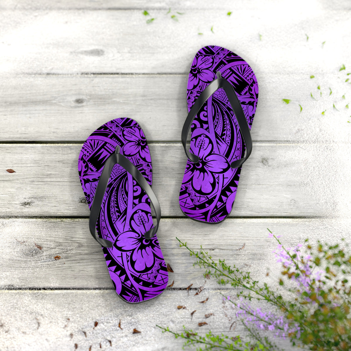 Polynesian Purple Floral Flip Flops, Summer Sandals, Beach Footwear, Vacation Essentials, Casual Footwear