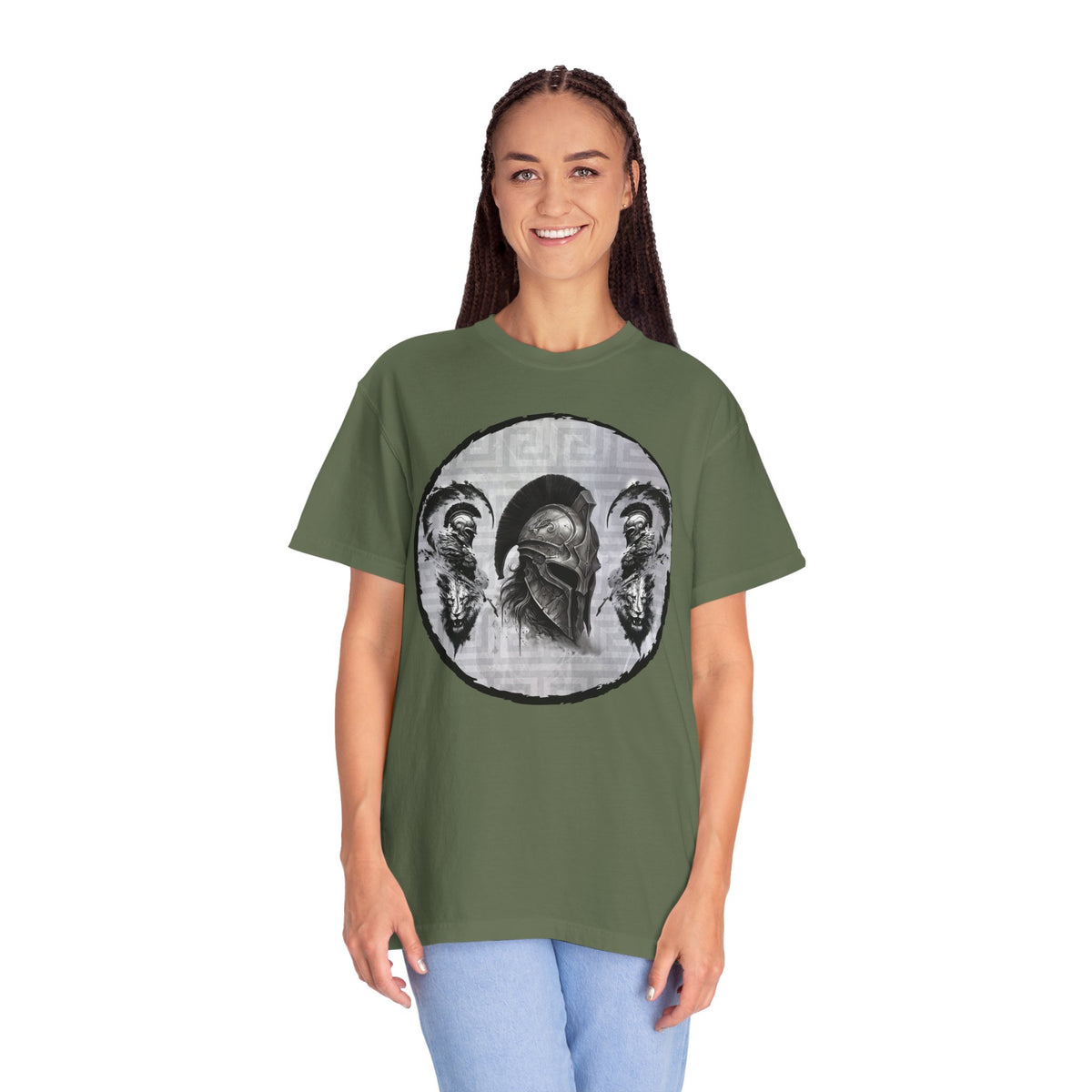Spartan Warrior T-Shirt – Greek Helmet Circle Design Front & Spear Back | Warrior Graphic Tee