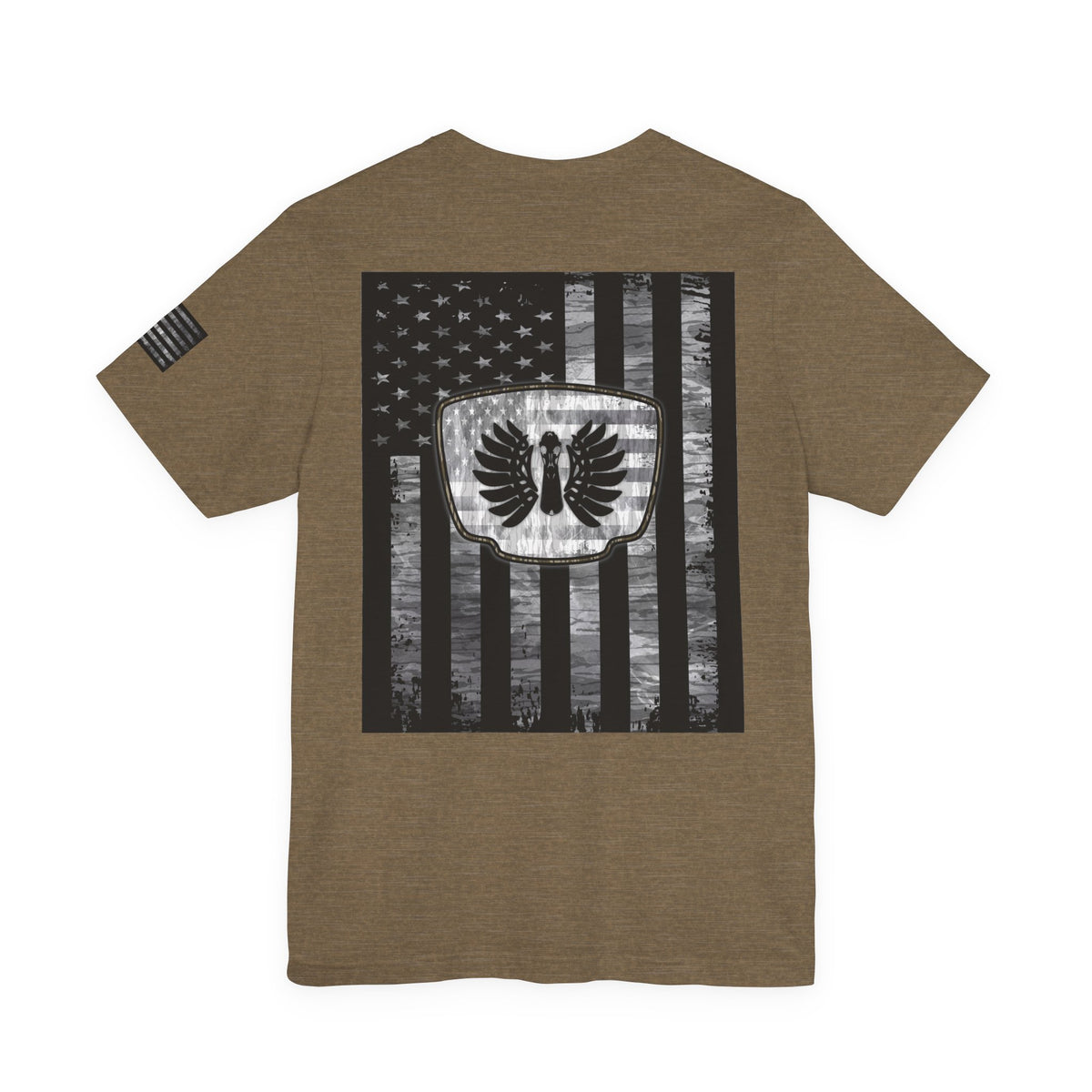 Duck Hunting American Flag Badge T-Shirt – Mossy Camo Print, Crossed Guns & Duck Skull Graphic