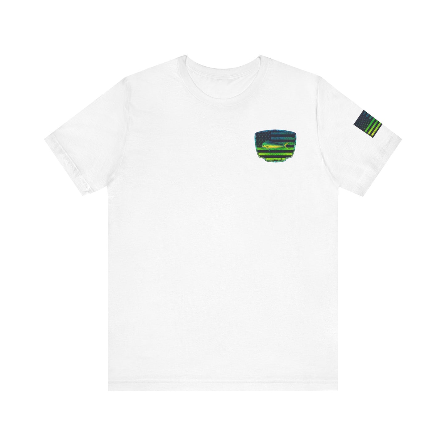 Patriotic Mahi Mahi Flag Tee – Grunge Fishing Badge Shirt for Outdoor Lovers