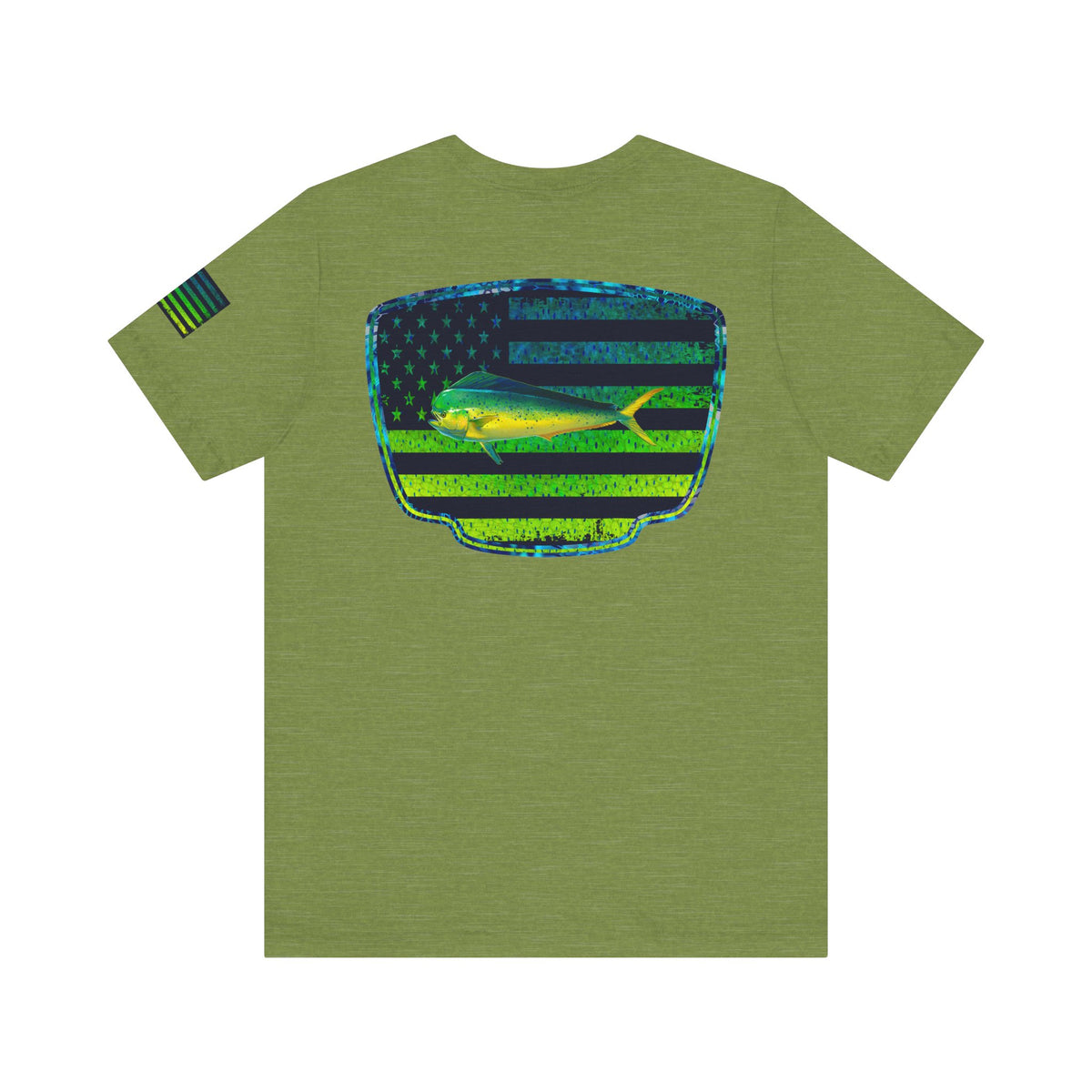 Patriotic Mahi Mahi Flag Tee – Grunge Fishing Badge Shirt for Outdoor Lovers