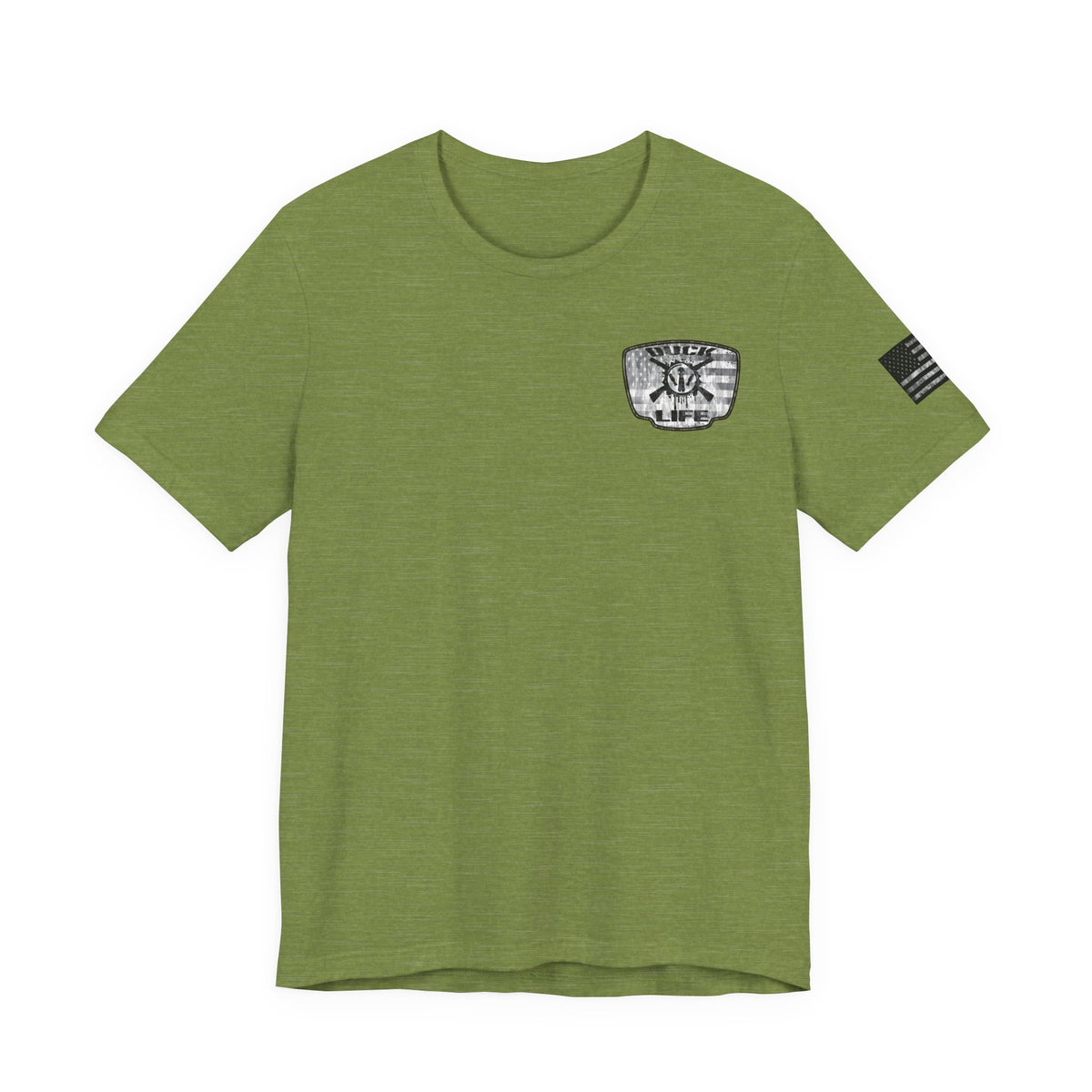 White American Flag Duck Hunting Badge T-Shirt – Mossy Camo Print, Crossed Guns & Duck Skull Graphic