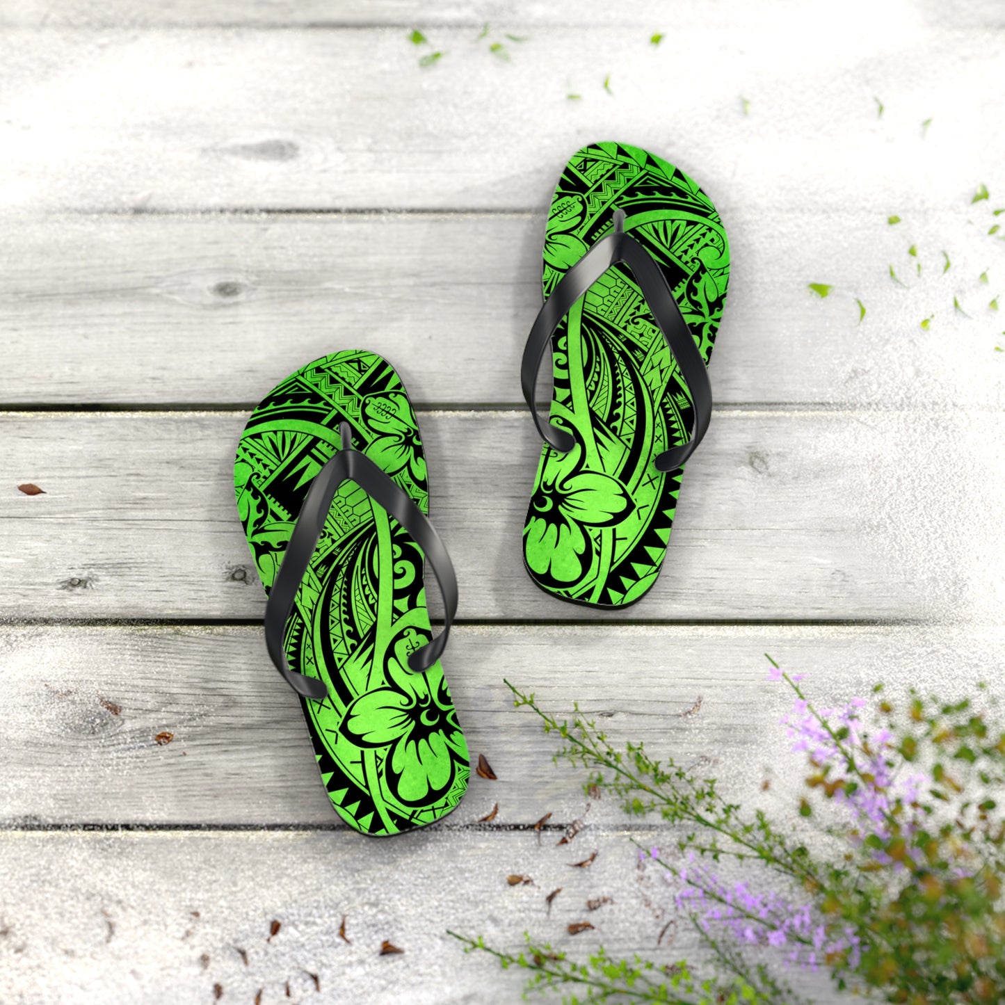 Polynesian Green Flip Flops - Summer Beach Sandals, Vacation Footwear, Poolside Essentials, Outdoor Fun, Tropical Style