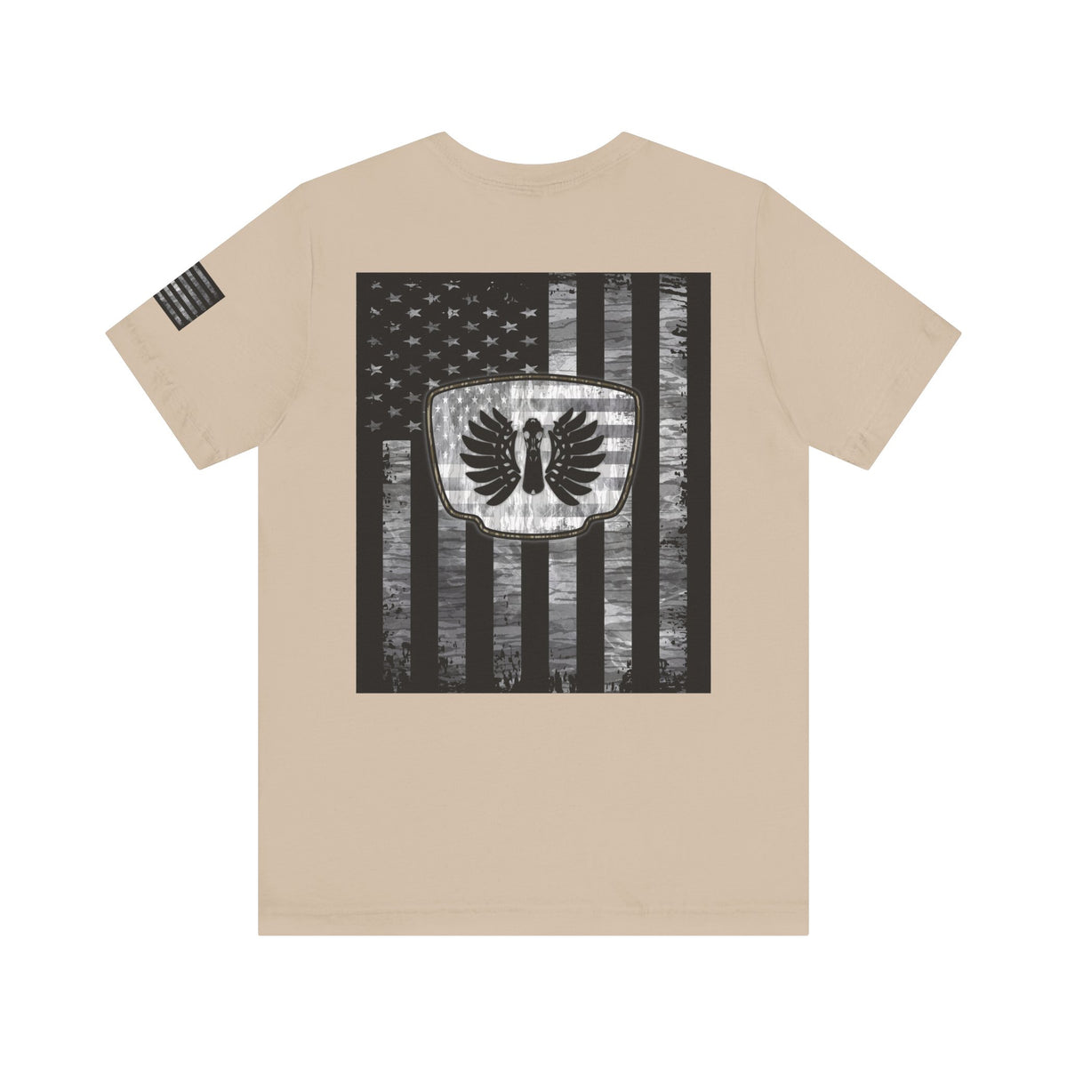 Duck Hunting American Flag Badge T-Shirt – Mossy Camo Print, Crossed Guns & Duck Skull Graphic