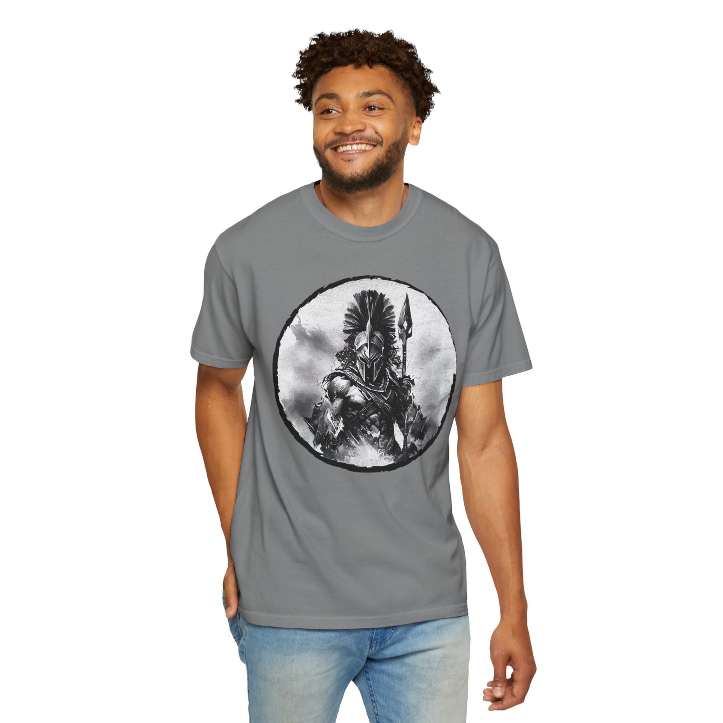 Spartan Warrior T-Shirt – Greek Helmet Circle Design Front & Spear Back | Warrior Graphic Tee