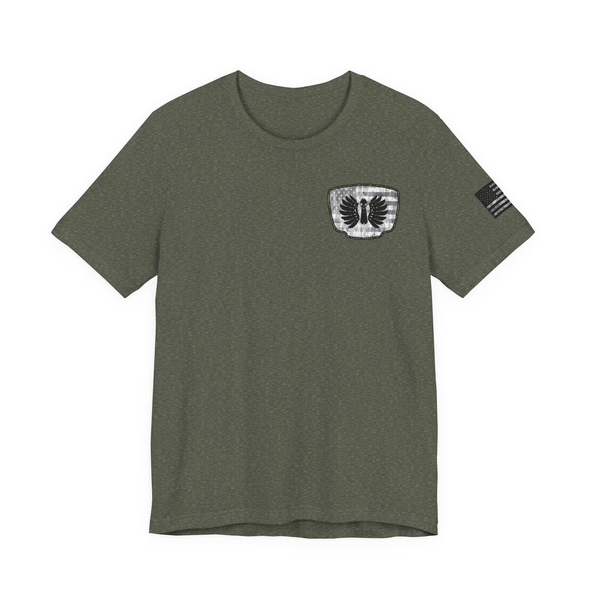 Duck Hunting American Flag Badge T-Shirt – Mossy Camo Print, Crossed Guns & Duck Skull Graphic