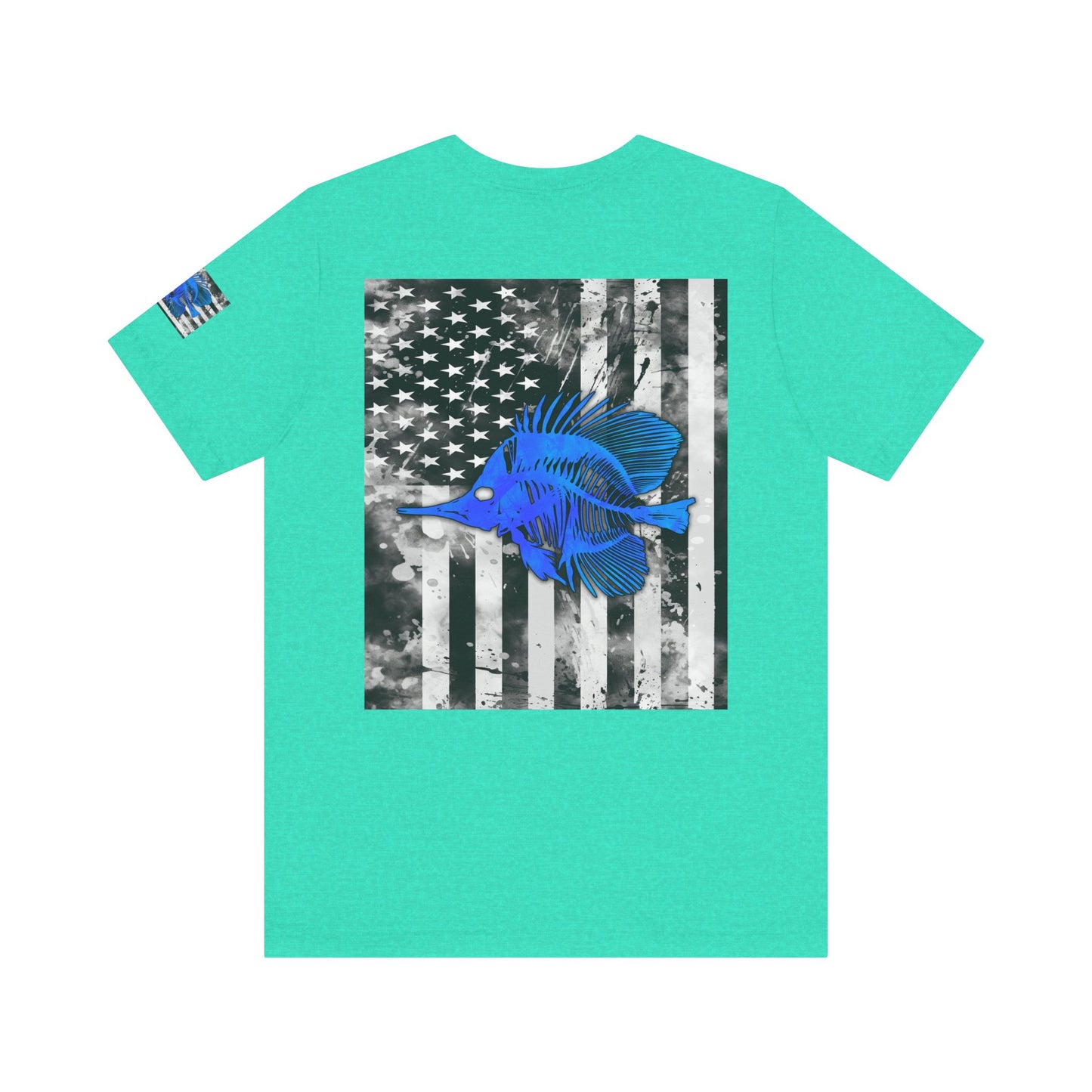 Blue Fish Skeleton Grunge American Flag Tee, Patriotic USA Shirt, Vintage American Flag