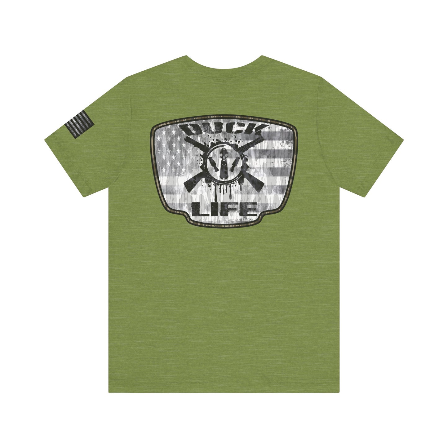 White American Flag Duck Hunting Badge T-Shirt – Mossy Camo Print, Crossed Guns & Duck Skull Graphic