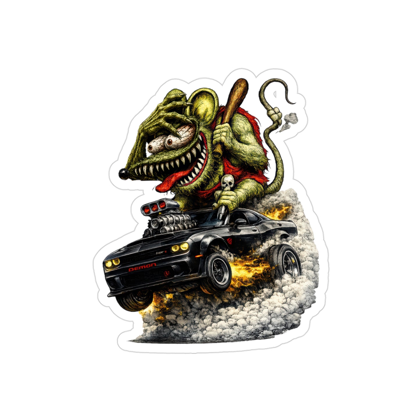 Crazy Rat Dodge Demon Sticker | Supercharged Black Muscle Car Decal | Monster Drag Racing Art | Transparent Vinyl Hot Rod Sticker