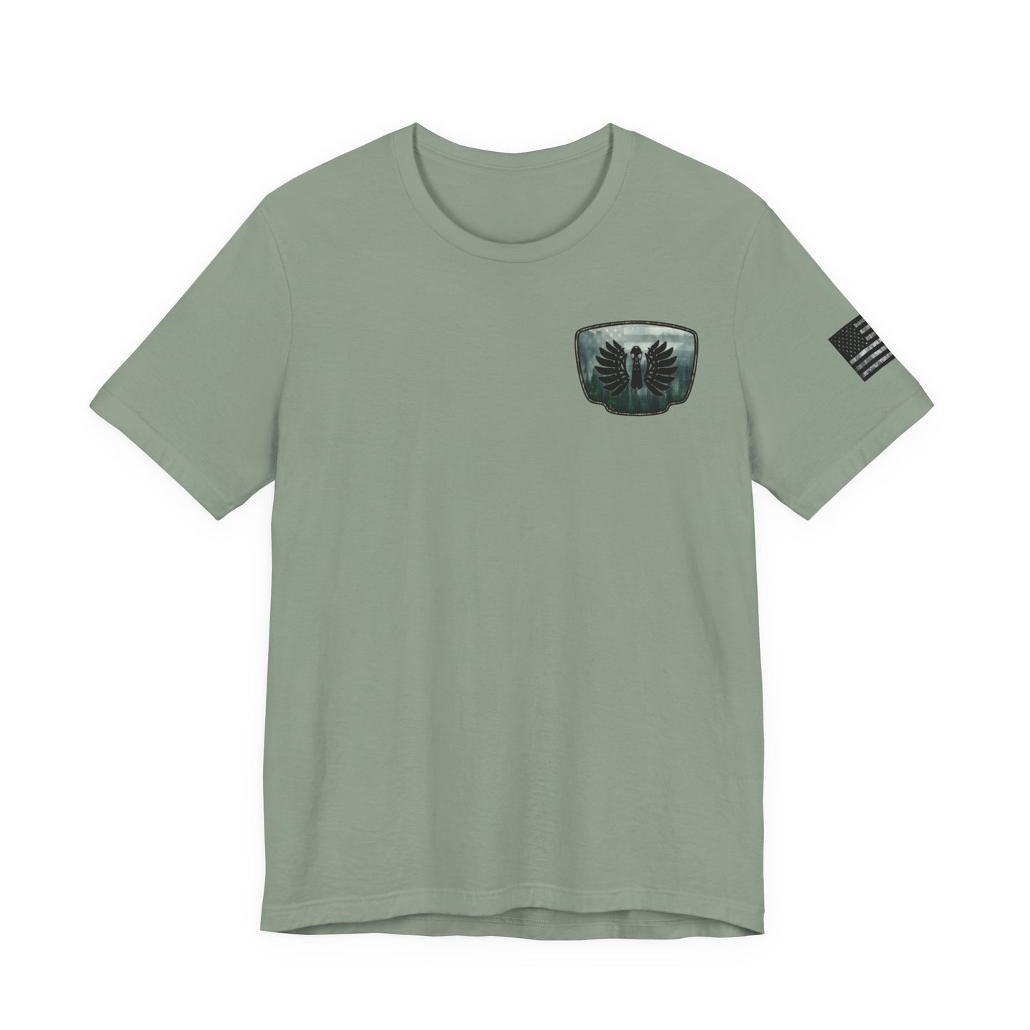 The Forest Duck Hunt Badge T-Shirt – Mossy Camo Print, Crossed Guns & Duck Skull Graphic