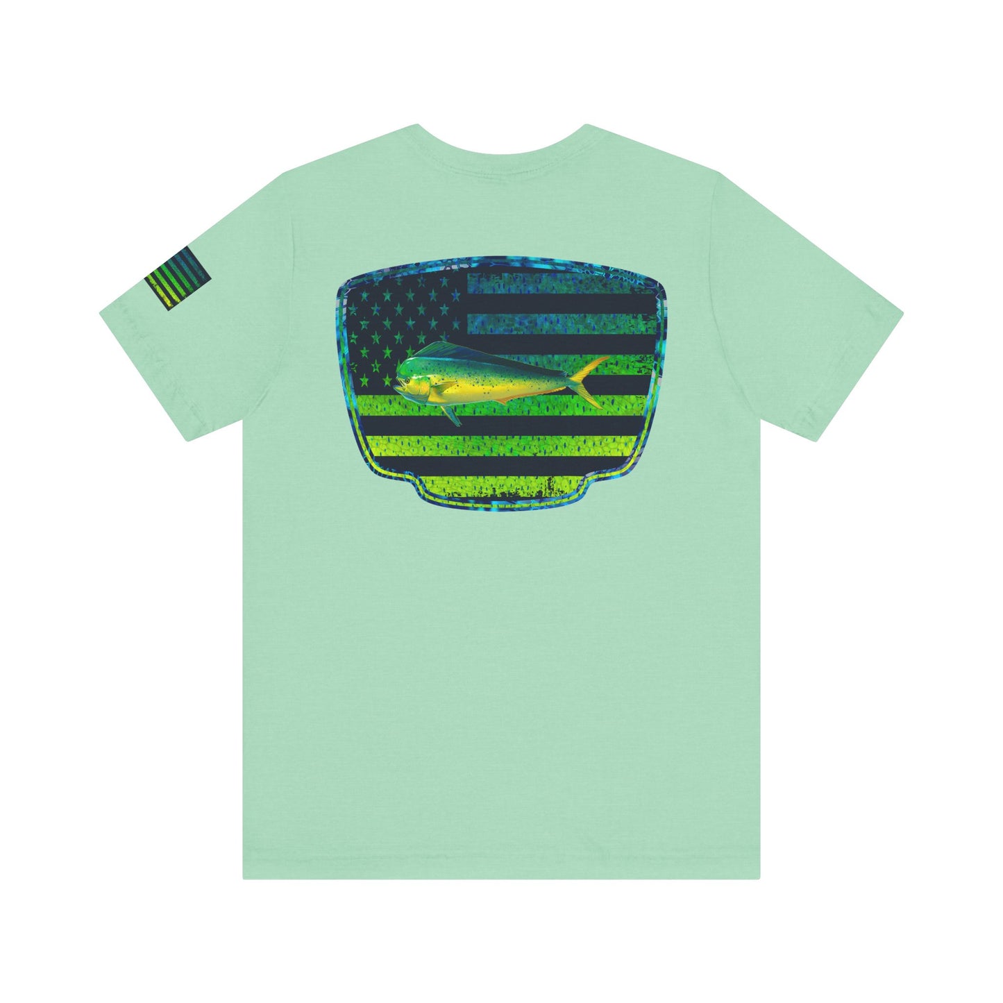 Patriotic Mahi Mahi Flag Tee – Grunge Fishing Badge Shirt for Outdoor Lovers