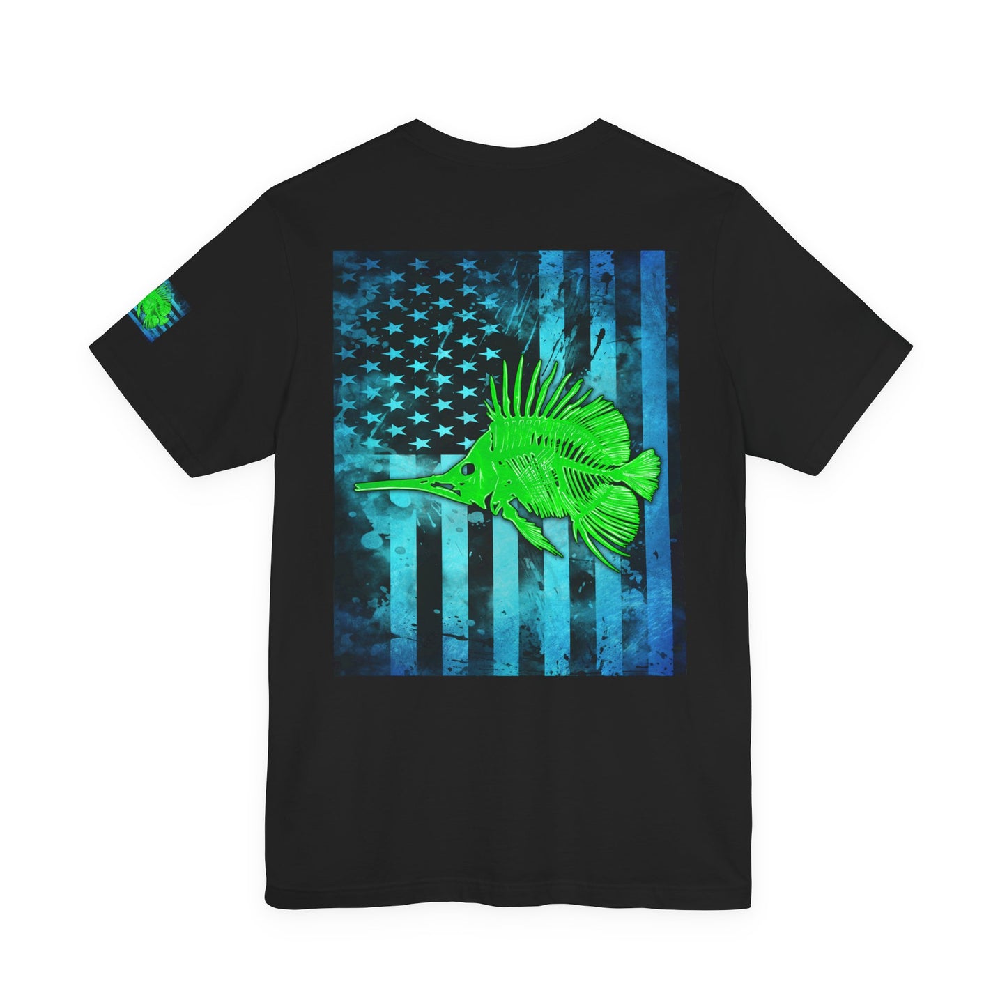 Green Fish Grunge American Flag Tee, Patriotic USA Shirt, Vintage American Flag