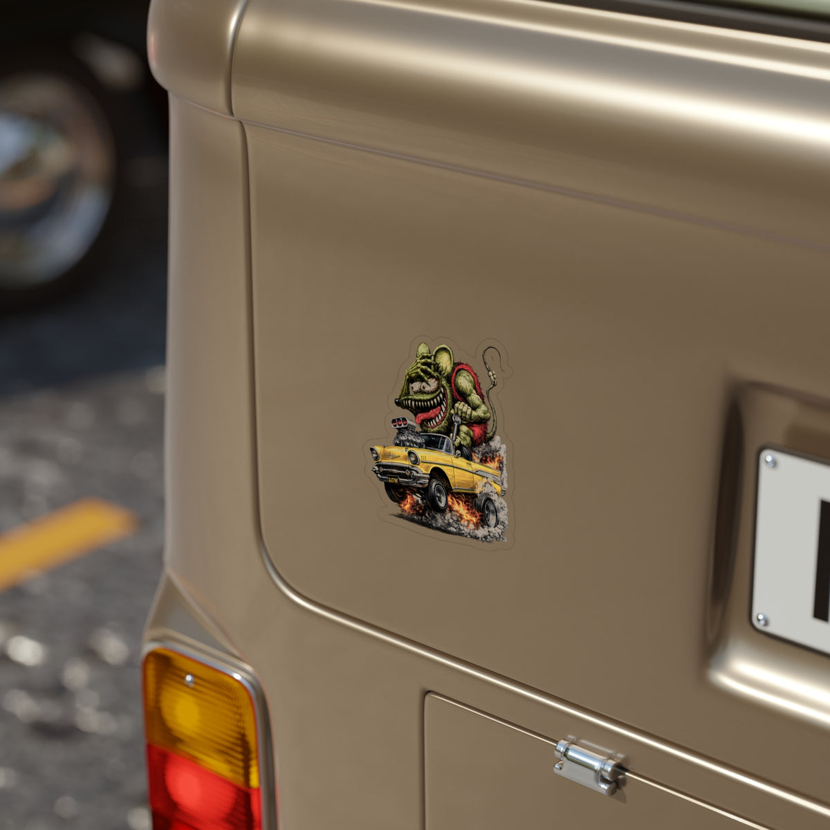 Crazy Rat Gasser Sticker | 1957 Yellow Chevy Bel Air Hot Rod Muscle Car Decal | Vintage Drag Racing Monster Art | Transparent Vinyl Sticker