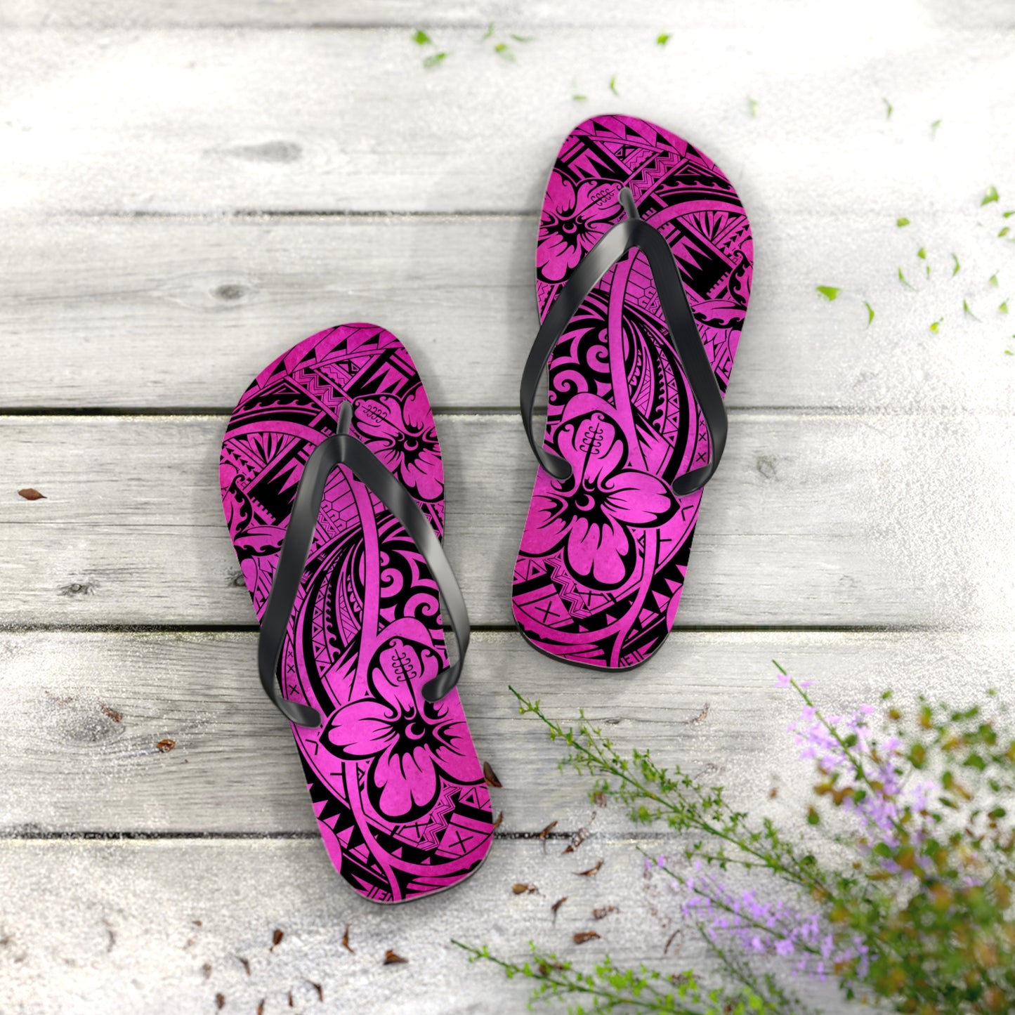Polynesian Pink Flip Flops - Boho Beach Footwear, Summer Sandals, Vacation Shoes, Hibiscus Print, Gift for Her