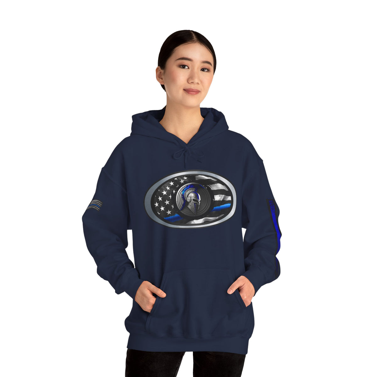 Spartan Thin Blue Line Flag Hoodie – Warrior Helmet Patriotic Sweatshirt for Police Supporters
