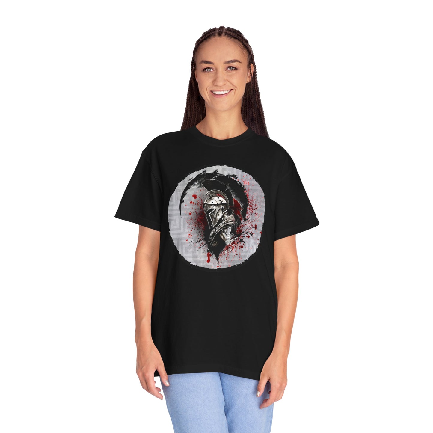 Spartan Warrior T-Shirt – Greek Helmet Circle Design Front & Spear Back | Warrior Graphic Tee
