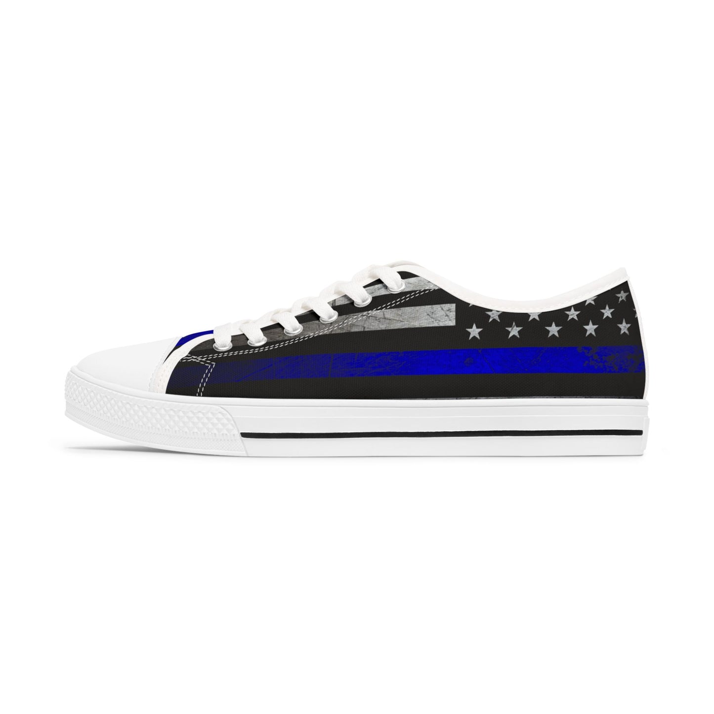 Thin Blue Line American Flag Sneakers – Black & Blue Low Top Canvas Shoes for Women, Police Support, Patriotic Streetwear