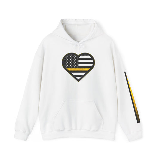 911 Dispatcher Thin Yellow Line American Flag Heart Hoodie, Dispatcher Hooded Sweatshirt, First Responder Gift, Patriotic