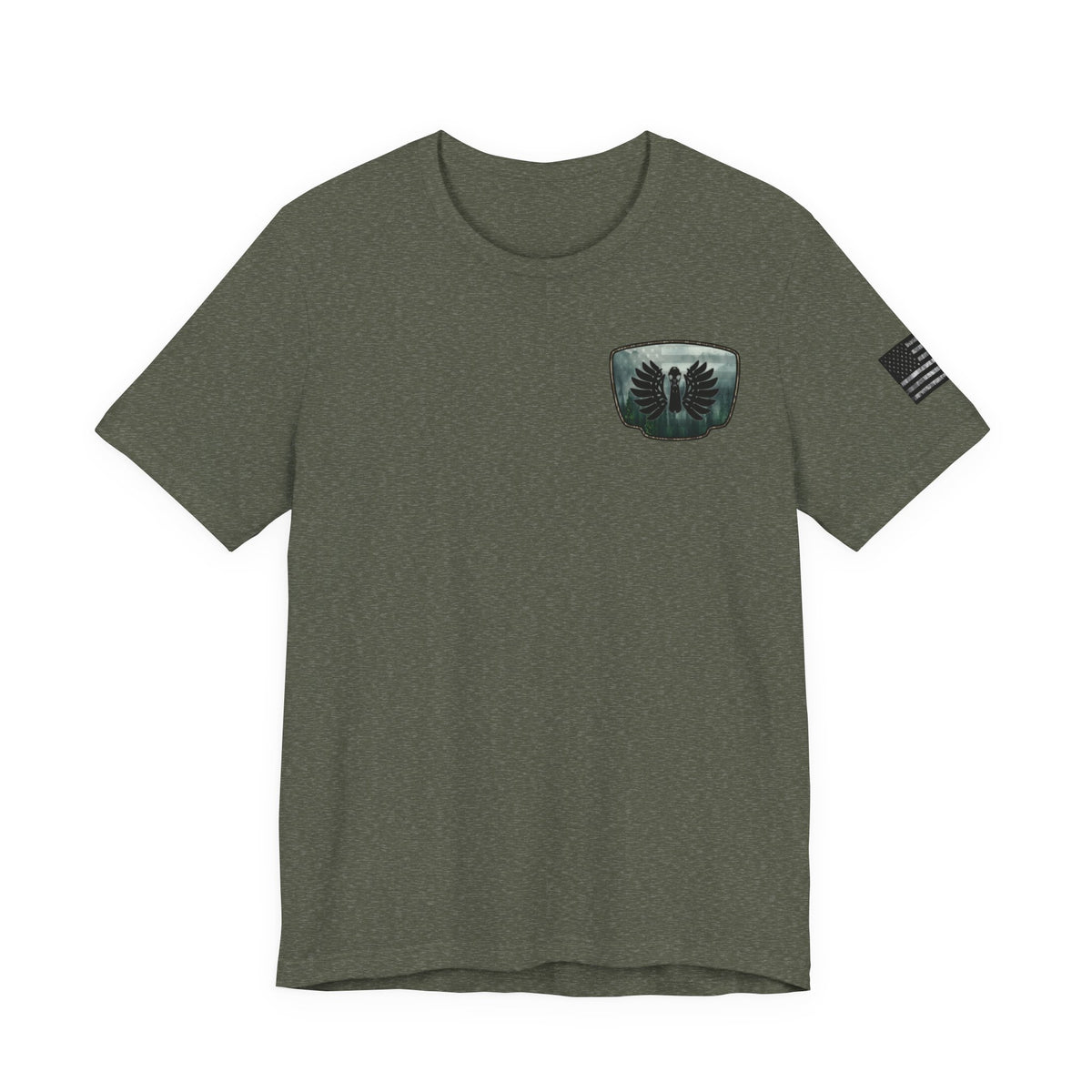 The Forest Duck Hunt Badge T-Shirt – Mossy Camo Print, Crossed Guns & Duck Skull Graphic