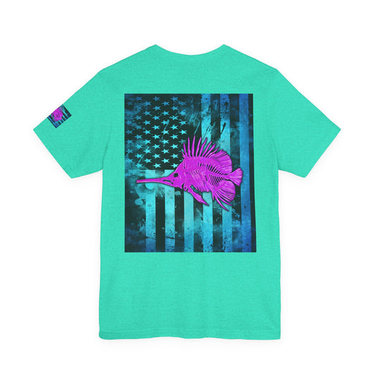 Pink Angler Grunge American Flag Tee, Patriotic USA Shirt, Vintage American Flag