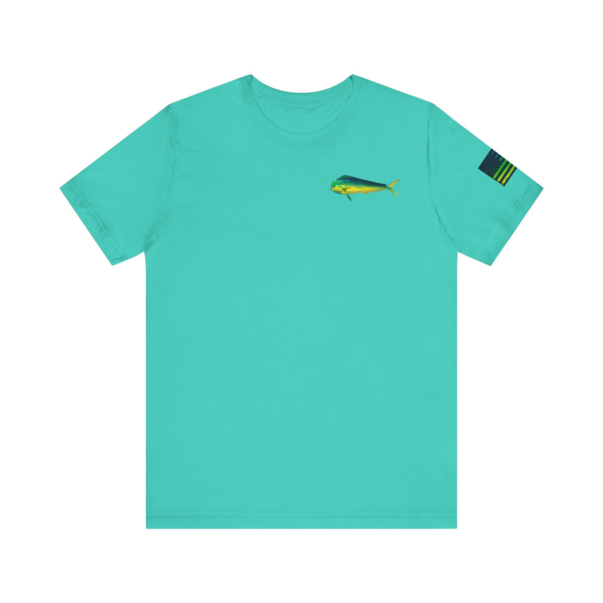 Mahi Mahi Badge Tee with Blackout Flag – Patriotic Saltwater Fishing Shirt