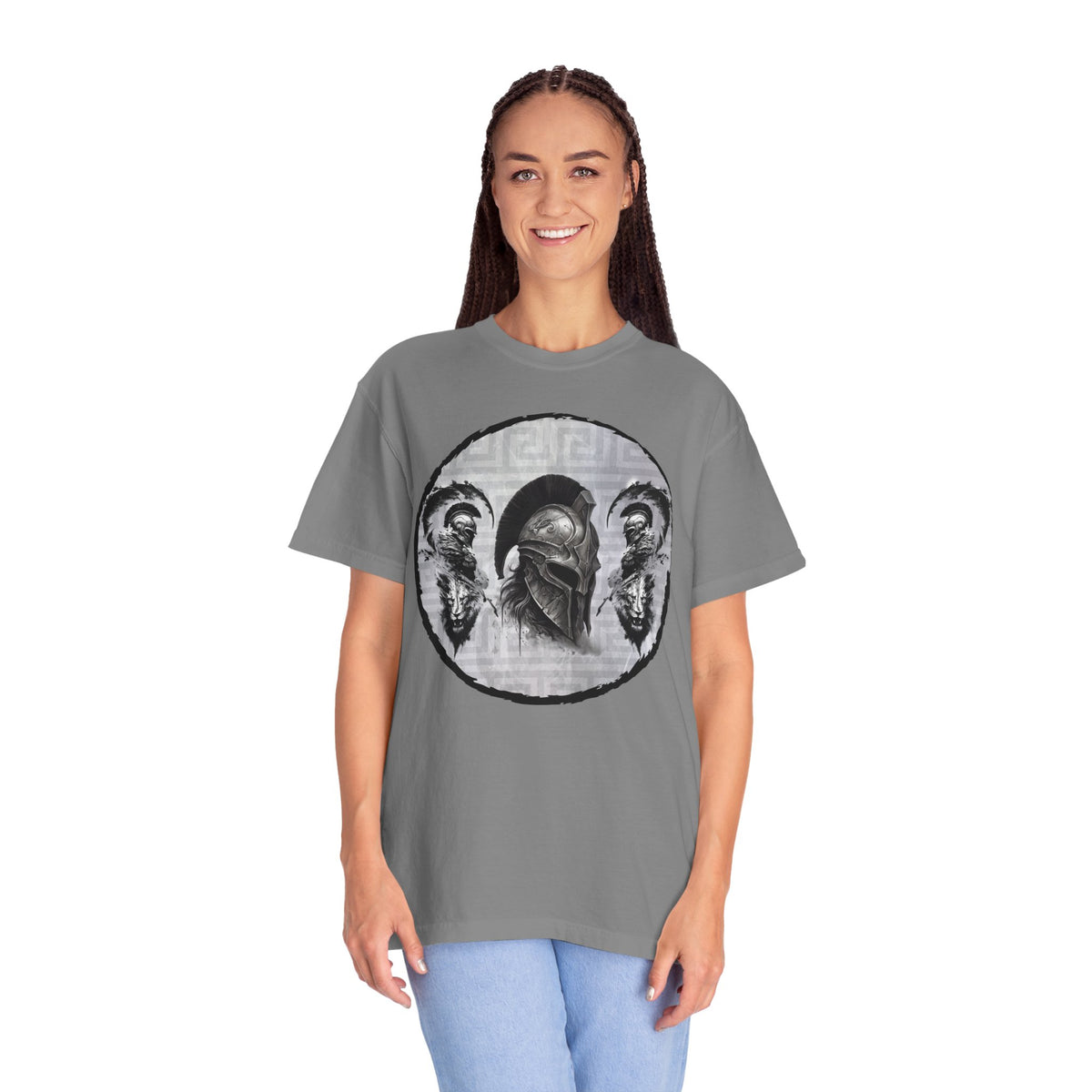 Spartan Warrior T-Shirt – Greek Helmet Circle Design Front & Spear Back | Warrior Graphic Tee